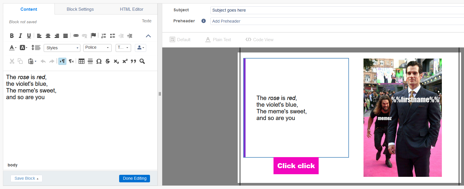 Memez, a cezium app to create memes directly in Marketing Cloud, as seen here with a content block
