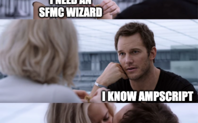 Image from the movie Passengers. Jennifer Lawrence asking Chris Pratt about SFMC skills and him replying he knows AmpScript. Then she kisses him.
